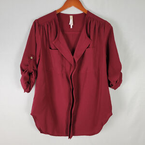 Lovely Day Womens Shirt Small Top Red Long Roll Tab Sleeve Pleated V Neck Pocket